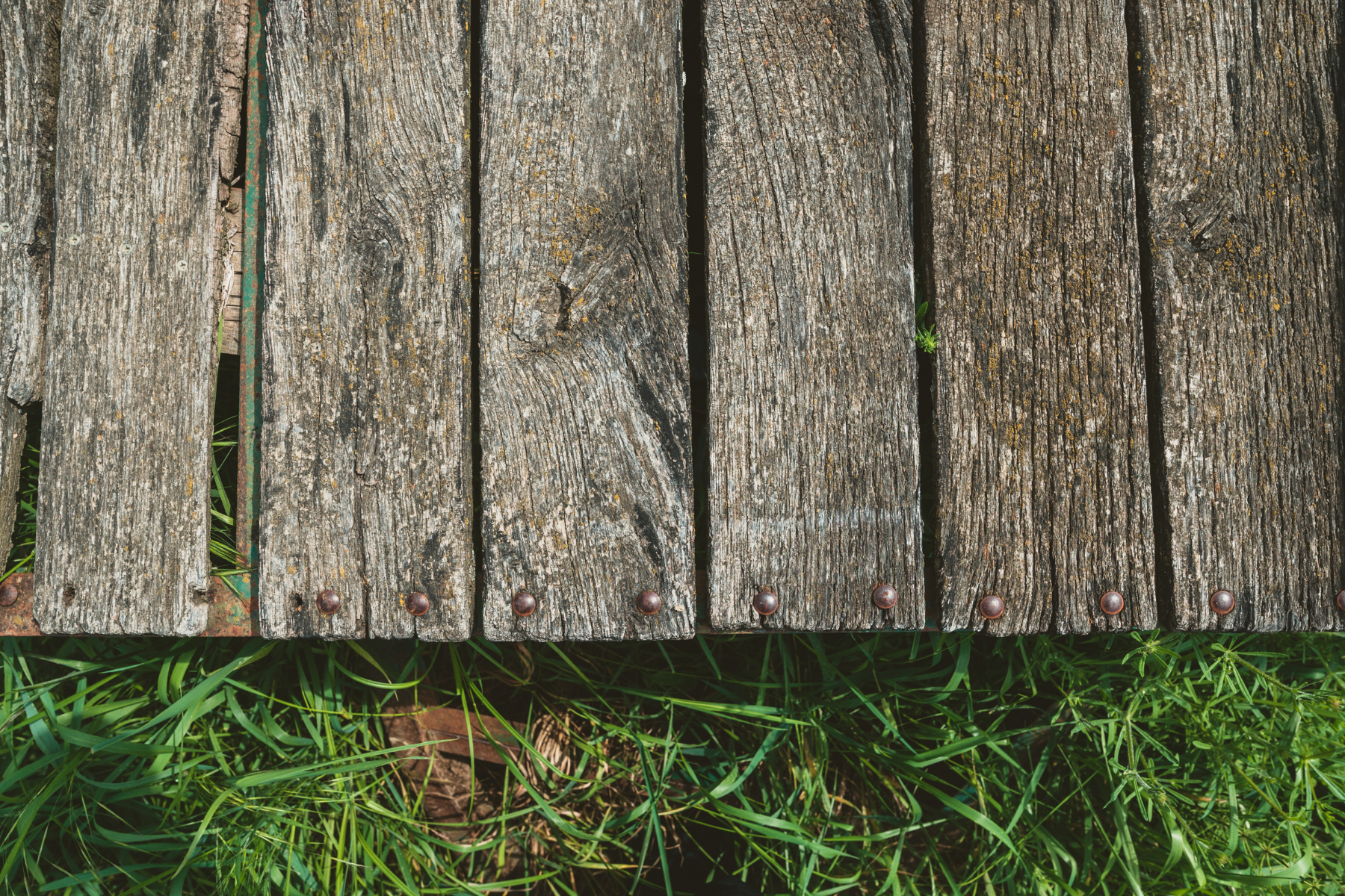 Edge of wooden deck overhanging grass